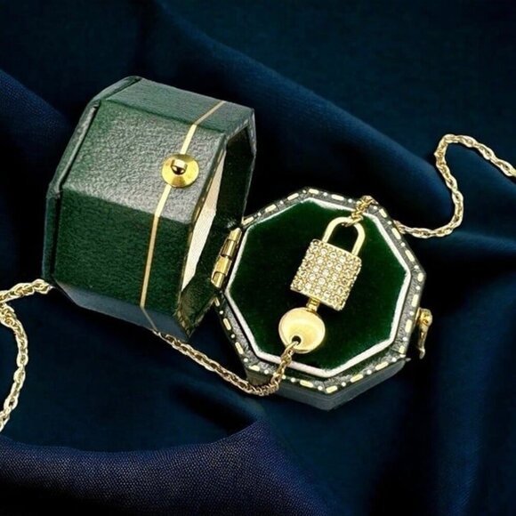 NEW Dainty Lock Key Pendant Necklace 18K Gold Plated CZ Choker Minimalist 16” - Picture 8 of 9